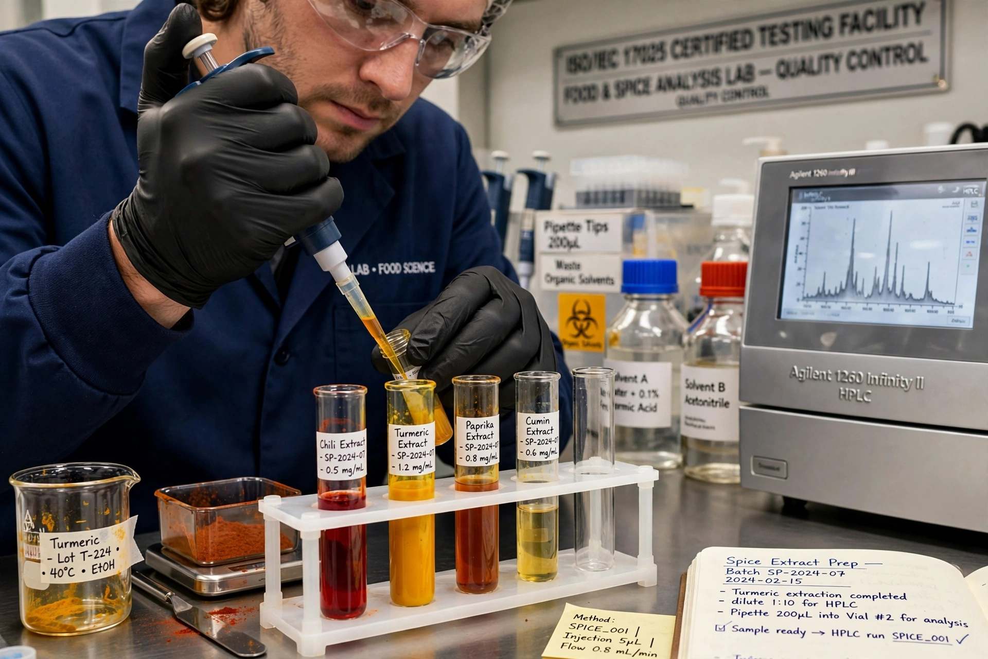 Laboratory technician testing spice purity and detecting adulterants using HPLC chromatography