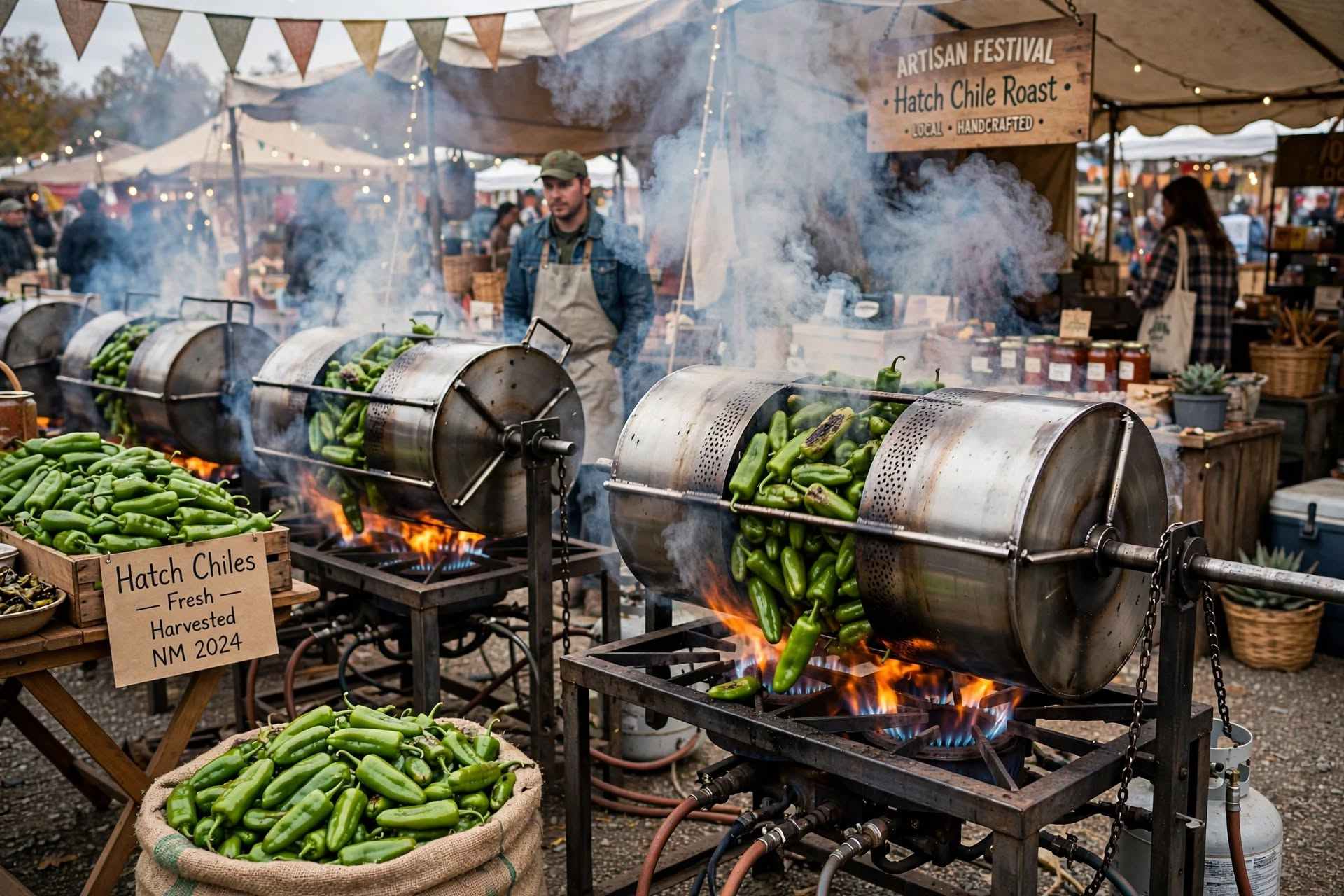 Tumbling flame roasters blistering fresh green chiles at the annual Hatch Chile Festival.